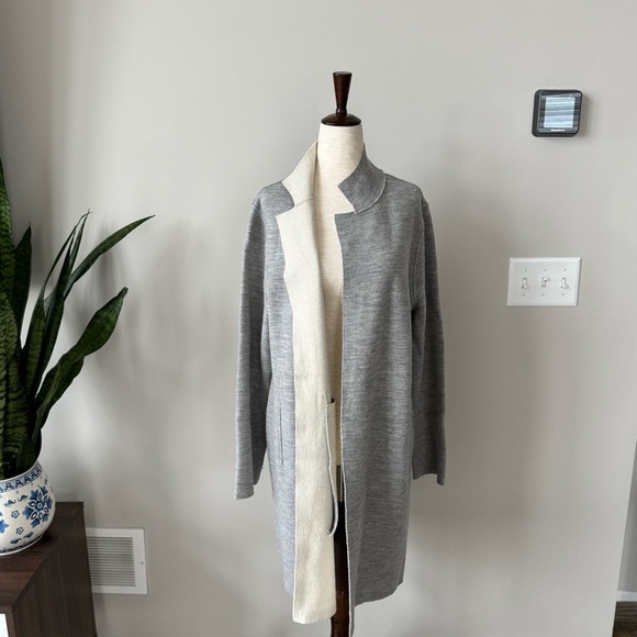Eileen Fisher Merino Wool High Collar Long Sleeve Open-Front Raw Hem Cardigan - Picture 8 of 11